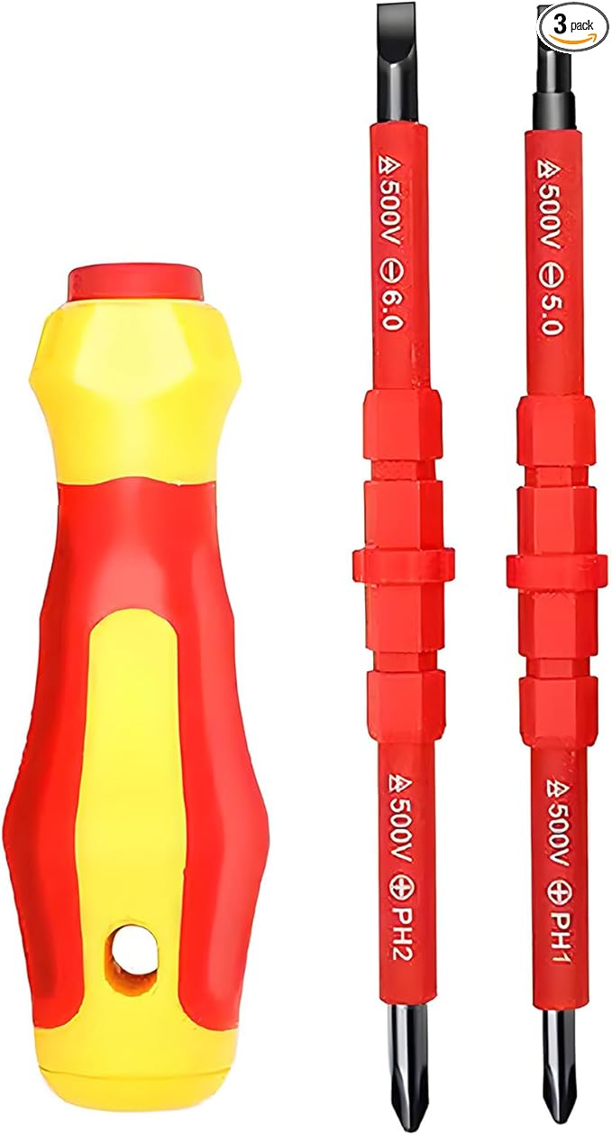 Insulated Screwdriver Set for Electricians – Ergonomic Handle, Magnetized Tips, Durable for Electrical Work, Receptacle & Outlet Screwdriver, Multi-Tool (3 in 1)