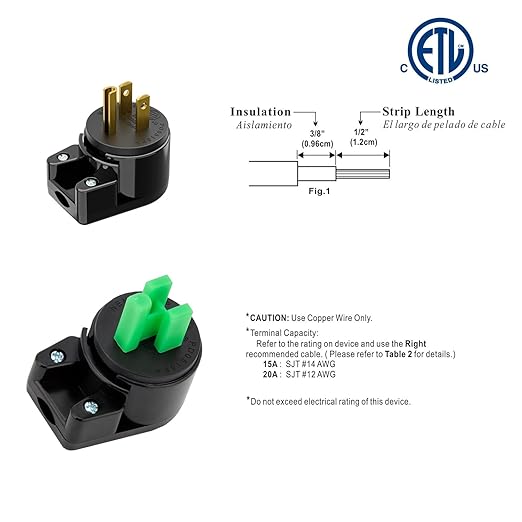ETL Verified 2 Pack Nema 5-15P 90 Degree Right Angle AC Plugs, USA 3-Prong Household Right Angled Plugs - Black, 15A, 125V