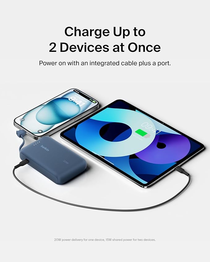 Belkin Portable Charger, Portable Power Bank with Integrated Cable 10000 mAh 20W - Fast Charge USB C Power Delivery, iPhone Charger - iPhone 16 Series, iPad Pro, Galaxy S25, & More - Blue