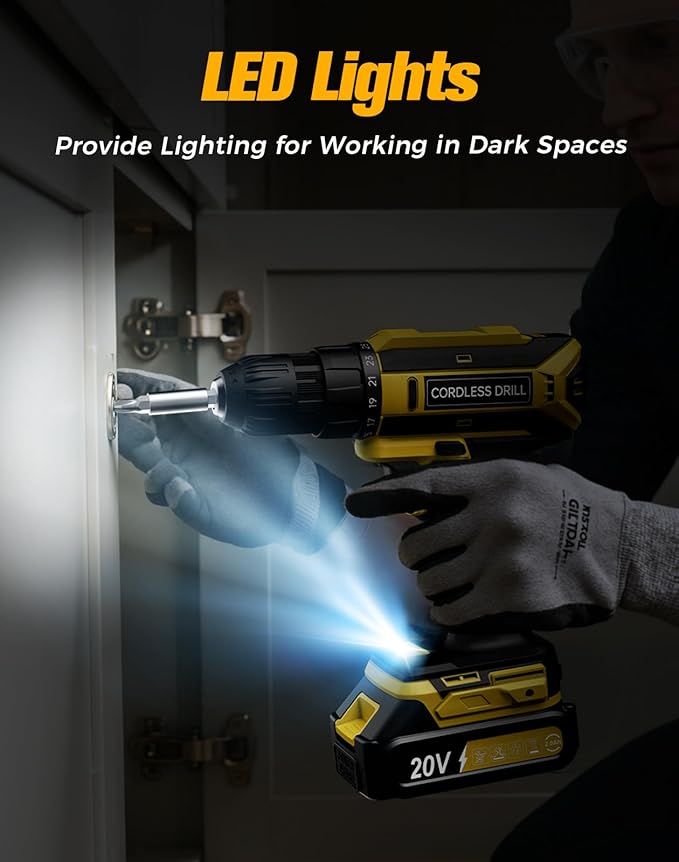 Cordless Drill, 20V MAX Power Drill Set with 2.0Ah Power Pack & Charger, 3/8 Inch Keyless Chuck, Variable Speed, 25+1 Position and 56PCS Bits/Screws, Power Tools for Home Projects