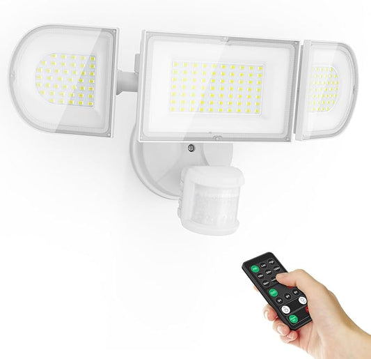 iMaihom 150W Motion Sensor Outdoor Lights, 15000LM LED Security Lights Motion Sensor Light Outdoor, 3 Adjustable Heads LED Flood Light, Group Remote Control, 3 Mode IP65 Floodlight for Yard(White)