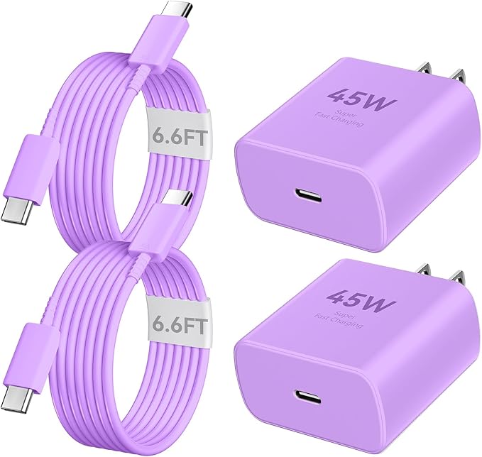 Phone 16 Pro Max Charger Fast Charging, 45W Super Fast USB C Charger Block with 6.6FT Long Charging Cord Cable for Phone 16 Pro Max/16 Pro/16/16 Plus,15 Pro Max/15 Pro/15,Android Phone-Purple