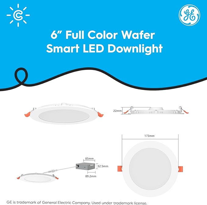 GE CYNC Smart LED Wafer Downlight Fixture, Reveal + Full Color, 6 Inches, Bluetooth and Wi-Fi, Compatible with Alexa and Google Home