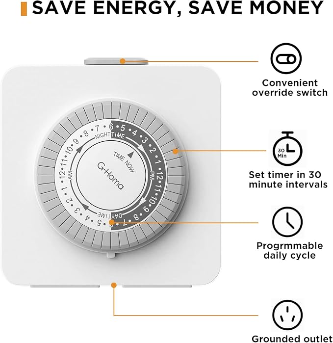 G-Homa 24-Hour Mechanical Timer Outlet with 2 Grounded Outlets - For Lamps, Holiday Lights