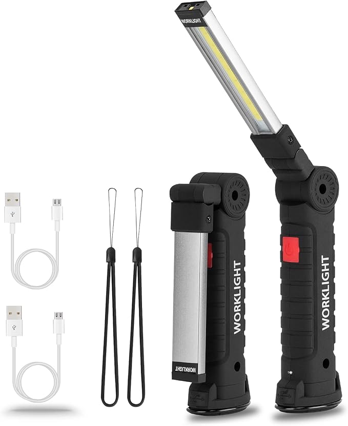 LED Rechargeable WorkLight Tools for Mens Dad Gift,Magnetic Flashlights with Hook 360° Rotate 5 Modes Emergency Light for Mechanic, Automotive,Camping and Christmas Birthday Gift(2 Pack)