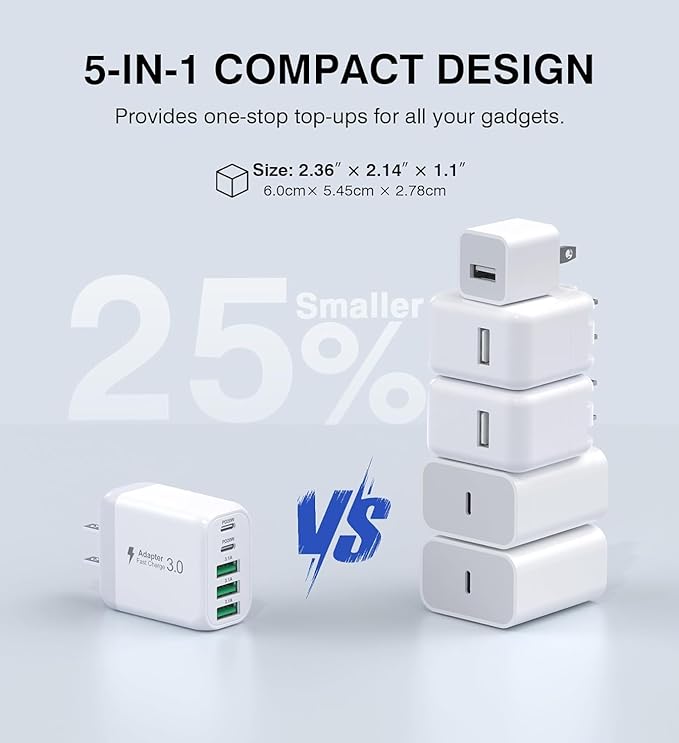 50W USB C Wall Charger Block, 2Pack 5-Port C Charger Fast Charging Block PD Power Adapter+QC 3.0 Multiport Type C Box Brick Cube USB A Wall Plug for iPhone 16/15/14 Pro Max Plus, iPad,Galaxy S24/S23