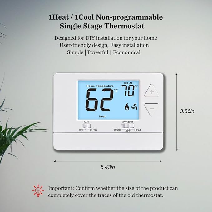 NonProgrammable Thermostat for Home, Digital Energy-Saving Thermostat,Single-Stage Systems, 1 Heat/1 Cool, Easy DIY Install,White Backlight
