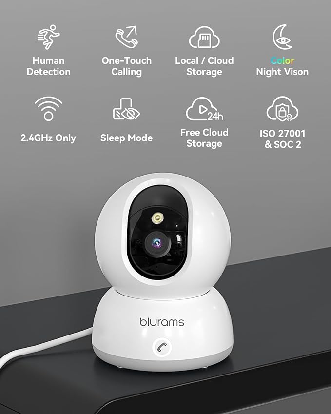 blurams 2K Indoor Camera, Cameras for Home Security with One-Touch Call, Home Camera w/Color Night Vision, Motion Tracking, Cloud & SD Card Storage (2Pack)