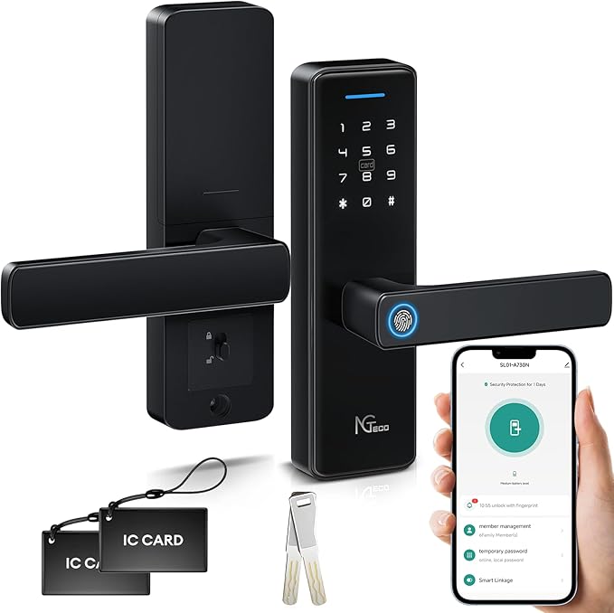NGTeco Keypad Door Lock with Handle, Fingerprint Door Knob, Smart Lock for Front Door, Keyless-Entry Fingerprint, Electronic Deadbolt with APP