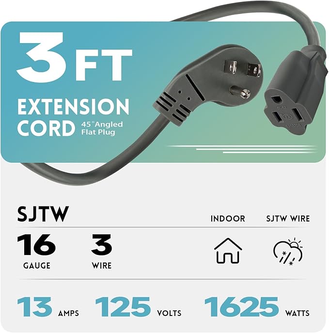 EP 2 Pack 3 Ft Flat Plug Extension Cord, 16 AWG 3 Prong Grounded Grey Low Profile Extension Cable for Indoor