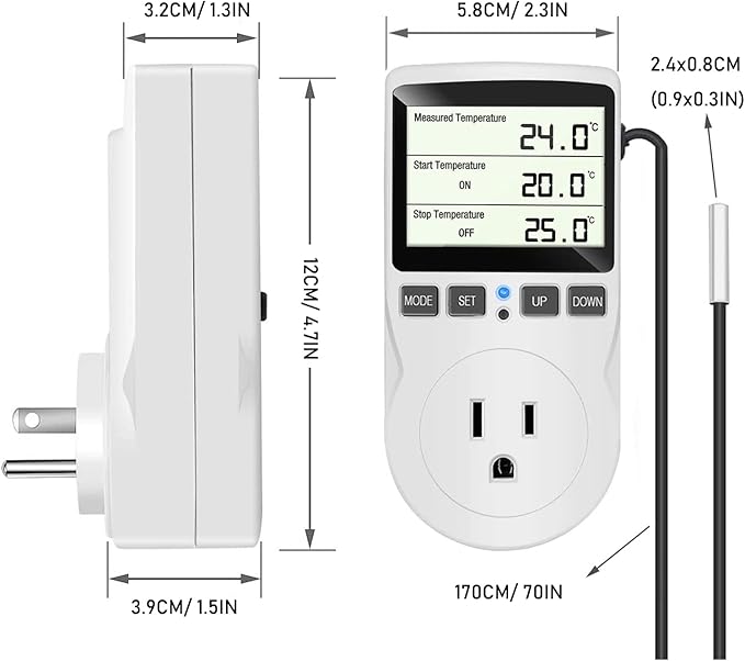 KABASI Digital Temperature Controller, LCD Screen Heating Cooling Reptile Thermostat with Sensor Probe for Snake, Lizard, Incubator, Brewing, Incubator, Greenhouse, Terrarium ℉/℃ 15A 1800W 120V