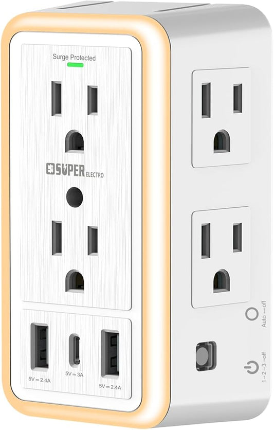 USB Wall Charger Surge Protector, Super Electro 6 Outlet Extender with 3 USB Charging Ports (5V 3.4A Total) and Night Light, 3-Sided 1500J Multi Plug Wall Outlet for Home, Office, ETL Listed