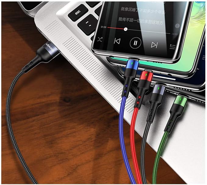 USAMS 2Pack Multi Charging Cable Charger Cord Nylon Braided 10ft/3m 4 in 1 USB Adapter with IP/Type C/Micro Connector for Phone/Galaxy and More