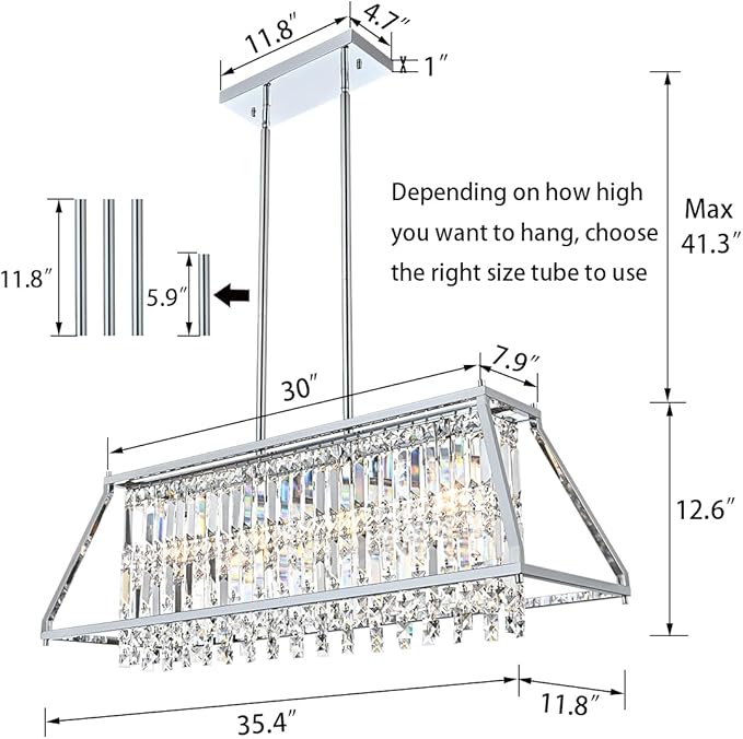 Crystal Chandelier Light for Dining Room, 4-Light Trapezoidal Industrial K9 Crystal Pendant Lights with Metal Frame Pendant Lamp for Kitchen Island Living Room Entryway (Chrome)