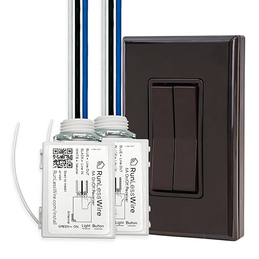 RunLessWire Fan & Light Battery-Free DIY Wireless Light Switch Kit 150ftRF Range Kinetic for Bathrooms & Ceiling Fans: 1 Dual Remote Switch Controls 2 5A On/Off Receivers Separately – Brown