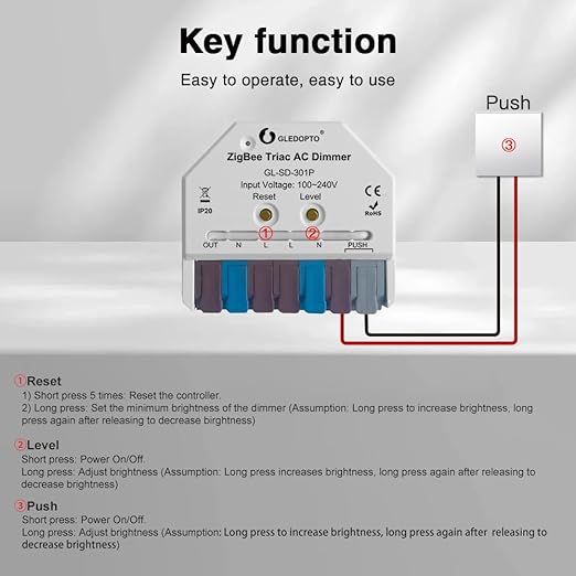 GLEDOPTO ZigBee 3.0 Triac AC Dimmer Switch Mini LED Dimmable Switch 400W Max Push Button Smart App Voice Control Work with H/ue Alexa Conbee II Homey Zigbee2mqtt Home Assistant (Hub Required)