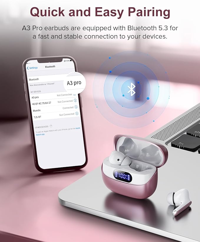 Wireless Earbuds, 42H Playtime Bluetooth 5.3 Headphones, HiFi Stereo Call Noise Cancelling Earbuds, IPX7 Waterproof Stereo in-Ear Earphones with LED Display for iOS Android (Elegant Rose Gold)