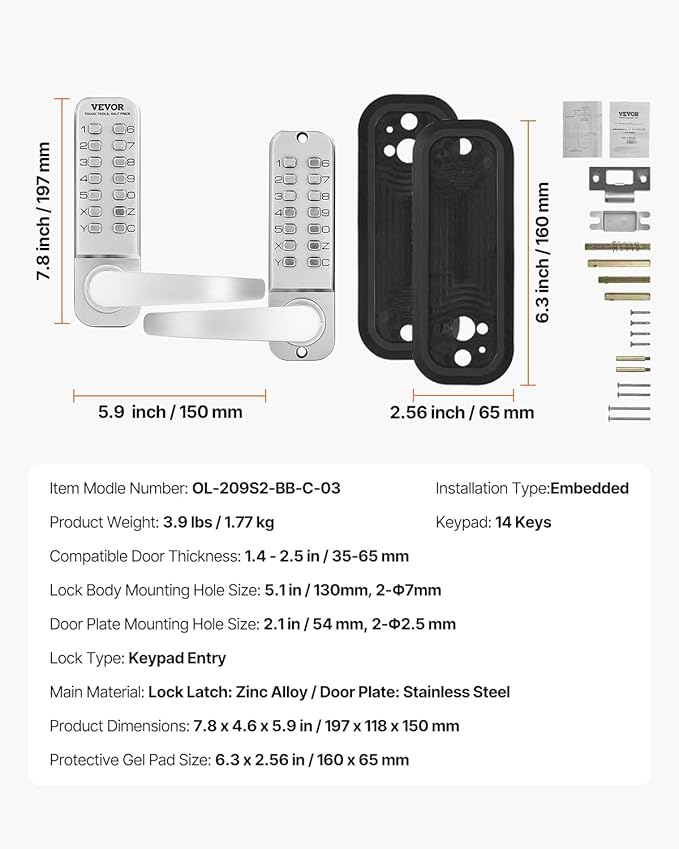 VEVOR Mechanical Keyless Entry Door Lock, 14 Key, Mechanical Keypad with Handle, Double-Sided Stainless Steel Waterproof Keyless Gate Lock, for Home Office Yard, Sliver
