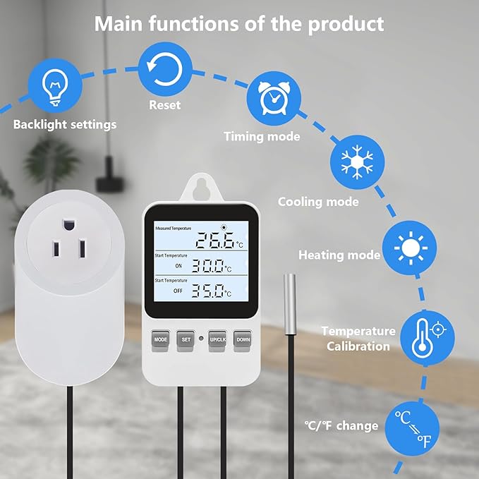 Digital Plug in Thermostat Outlet Socket, Heating Cooling Electric Temperature Controller, Heater Cooler Switch with Sensor, for Incubation Heat Mat Reptile Greenhouses Terrarium, 120V 15A