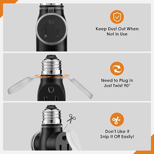 Onite Light Socket Outlet Adapter, Update to 3 Prong Plugs for Outdoor/Indoor with Waterproof and Dustproof Cover, (Black, 2-Pack)