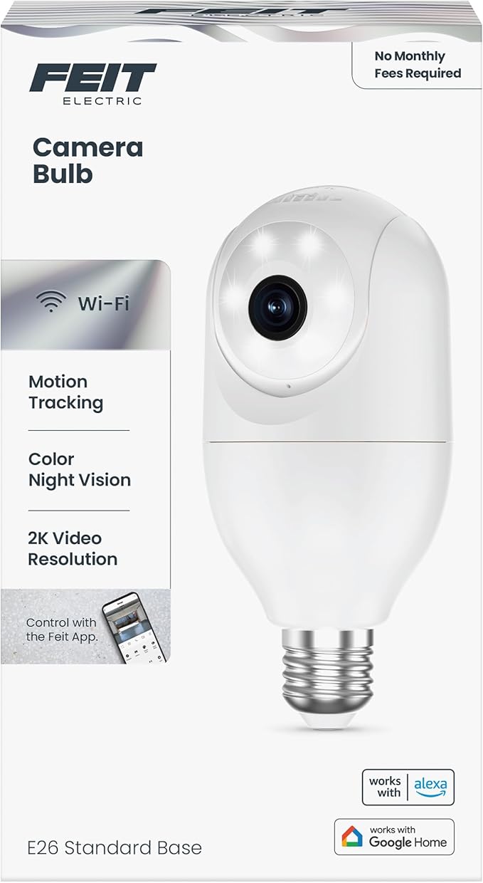 Feit Electric Smart Security Camera Bulb, 2K QHD Resolution, 2-Way Audio, Human Tracking, 350° Pan, Night Vision, Motion Alerts, E26 Base, Alexa/Google Assistant Compatible, CAM/PAN/WIFI/E26/2K