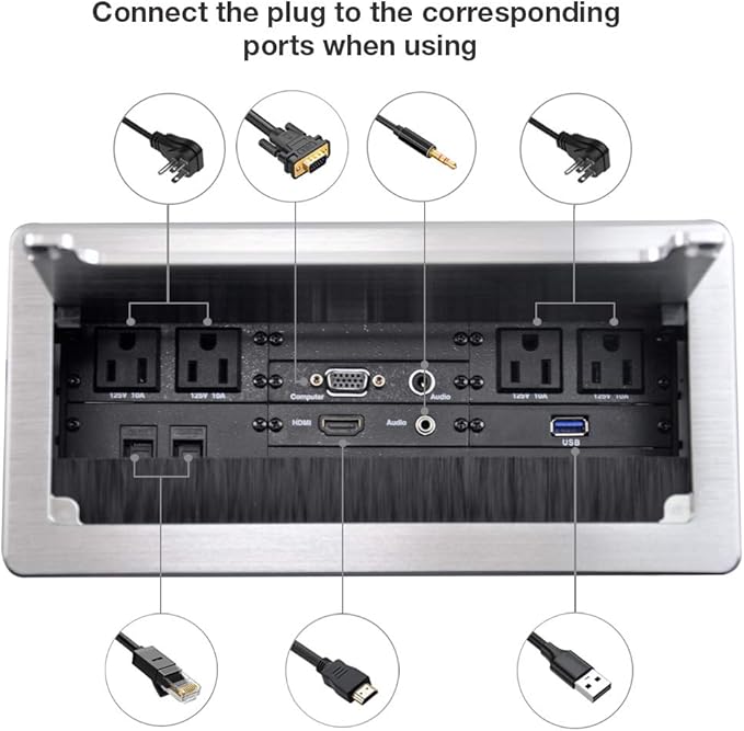 Table Recessed Power Brush Connectivity Box Outlet Power Strips with 4 AC Power + 2 RJ45（CAT6） + 2 Audio 3.5mm + 1 VGA + 1 HDMI + 1 USB 3.0 (Female to Female) with 5.58ft Power Cord (Silver)