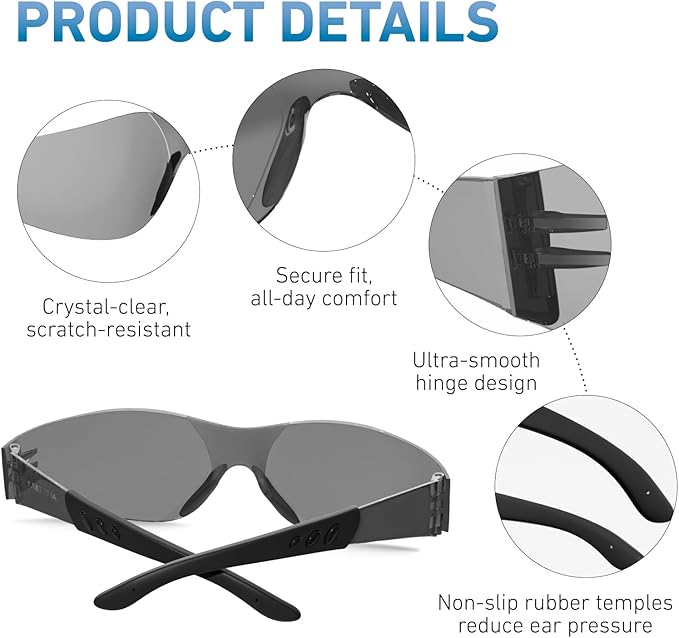 Safety Glasses ANSI Z87.1 Certified - Scratch-Resistant Protective Eyewear for Men & Women, Ideal for Construction & Shooting