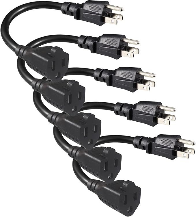 [5 Pack] Black Short Power Extension Cord - 6inch 3 Prong Mini Indoor Grounded Extension Cord,16AWG Small Electrical AC Extension Cord for Outlet Saver,Rated for 13AMP Home Appliance Extender Lead