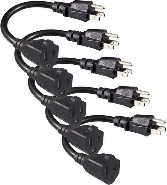 [5 Pack] Black Short Power Extension Cord - 6inch 3 Prong Mini Indoor Grounded Extension Cord,16AWG Small Electrical AC Extension Cord for Outlet Saver,Rated for 13AMP Home Appliance Extender Lead