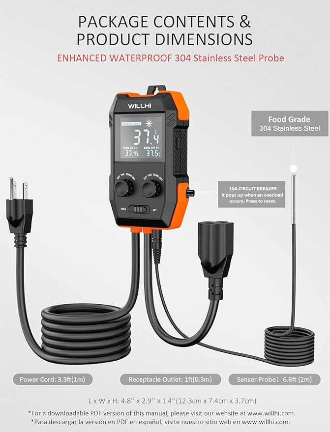 WH2408 Temperature Controller 10A 1200W, Digital Thermostat Controlled Outlet Plug Switch for Reptile Terrarium Greenhouse Homebrew Aquarium Seedling Mat, Heating or Cooling Mode Thermometer