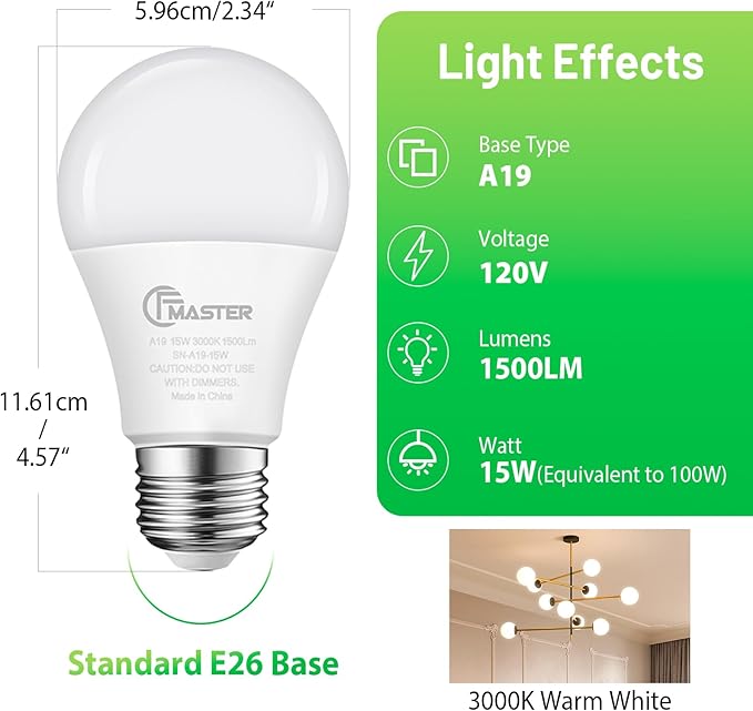 A19 LED Light Bulb, LED Bulbs 100 Watt Equivalent, 3000K Warm Light Bulbs, 1500 Lumens, E26 Standard Base Lightbulb, Non-Dimmable 15 Watt Soft White Bulbs for Home, ETL Listed(20-Pack)