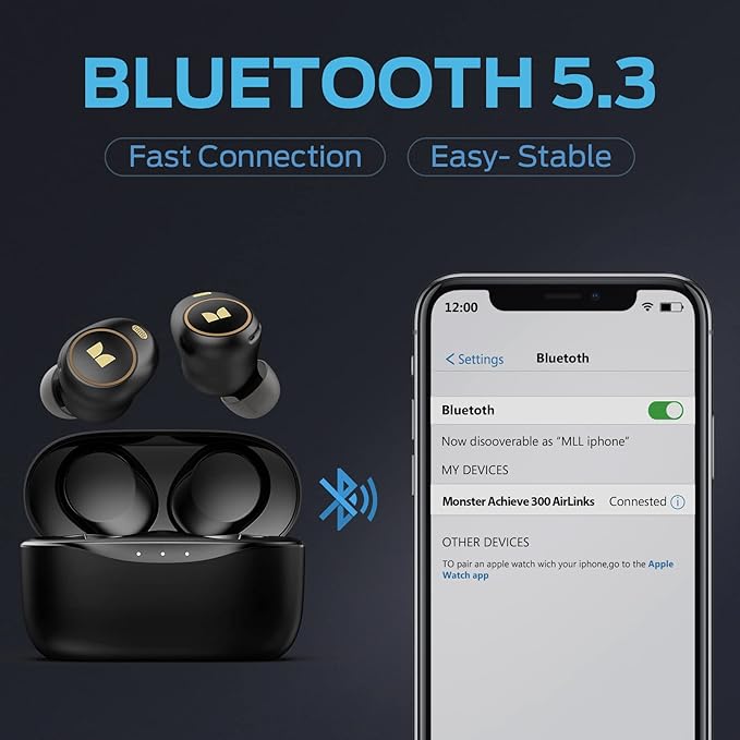 Monster Wireless Earbuds, Bluetooth 5.3 in-Ear Headphones with Charging Case, Stereo Headphones, Built-in Mic, Clear Call, Water Resistant Design for Sports Earbuds