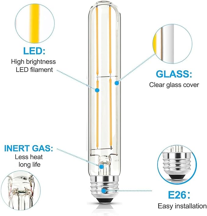 7.3 Inch E26 Led Bulb 6W Dimmable, 4000K Neutral White Edison Bulbs, Equal 80 Watt T10 T9 Long Tubular Clear Glass Light Bulb 800LM for Vanity Pendant Pipe Wall Sconces - UL Cert 2Pack