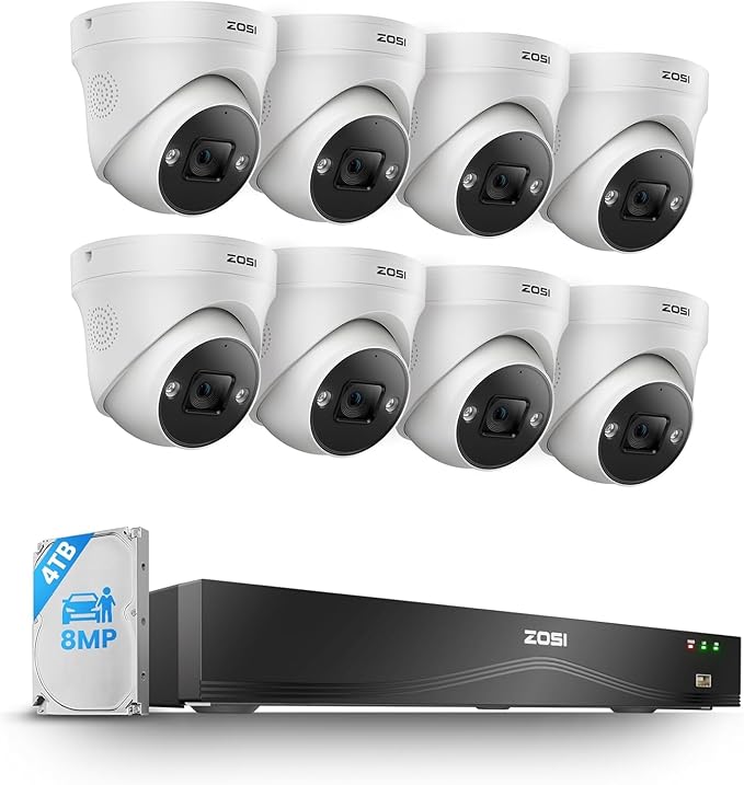 ZOSI 4K PoE Security Camera System,16 Port 32CH 8MP NVR with 4TB HDD,8pcs 4K Indoor Outdoor PoE IP Cameras,Face/Person/Vehicle Detection,2 Way Audio,Night Vision,Dual-Disk Backup for 24/7 Recording