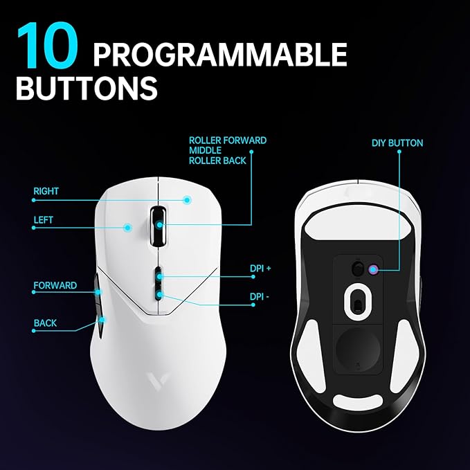 Rapoo VT9PRO 4K Wireless Gaming Mouse, PAW 3398 Sensor, 26000 DPI, 4KHz Polling Rate, 0.25ms Response Time, Lightweight, 10 Programmable Buttons, 180h Battery Life, On-Board Memory, PC - White