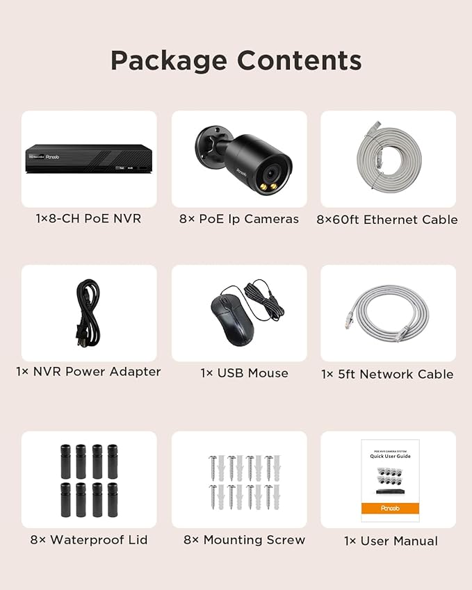 Security Camera System PoE, 8X 4MP Wired Bullet IP Cameras Outdoor Built-in Microphone, AI Human Vehicle Detection, 5MP 8CH NVR with 2TB HDD, Smart Color Night Vision, PB38F30808-4MD(Black)