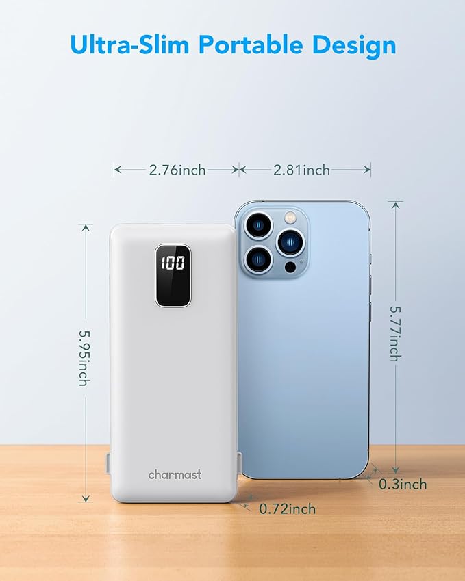 Charmast Portable Charger with Built-in Cables and Plug, 10000mAh USB C Power Bank Fast Charging 15W, External Battery Pack Slim, Travel Essentials Compatible with 16 15 14 13, Samsung Galaxy, iPad
