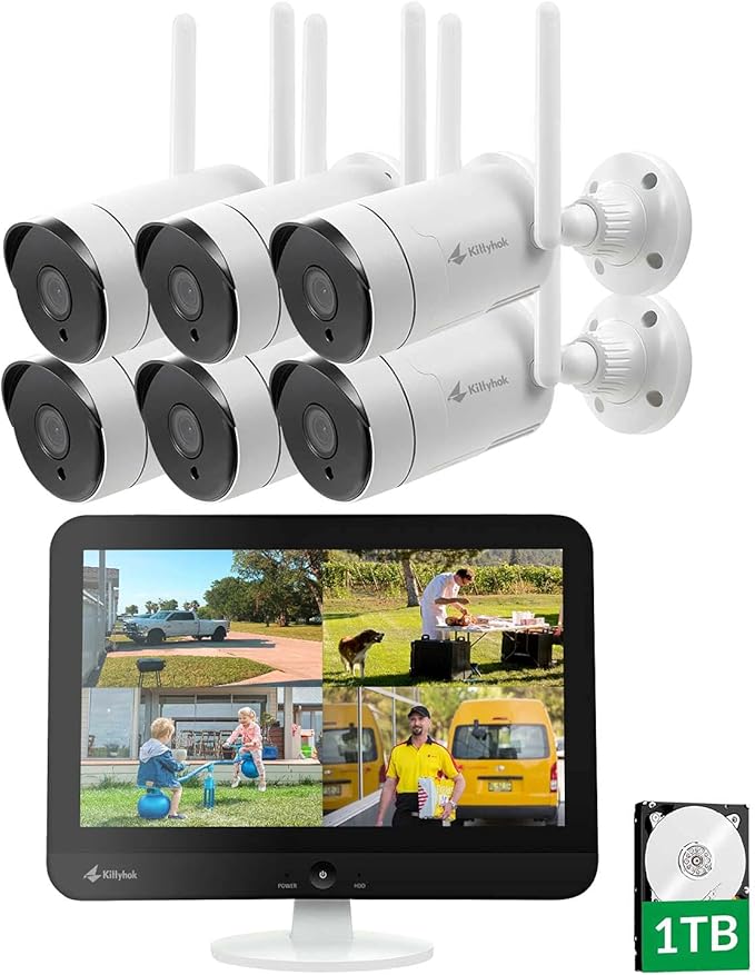 Kittyhok 3MP All-in-one Wireless Security Camera System with 12'' Monitor, 6pcs Outdoor WiFi Security Cameras with Dual Antenna, 1TB HDD, 2-Way Audio, Motion Detection, Waterproof, Night Vision