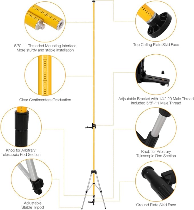 MOETER Telescoping Laser Level Pole with Tripod - 15.7ft/4.8M Laser Pole with Adjustable Bracket, 1/4"-20 & 5/8"-11 Thread Adapters for Rotary and Line Lasers