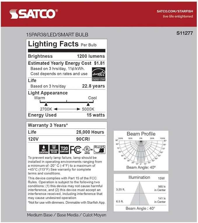 Satco S11277 Starfish WiFi-Control PAR38 LED Color-Changing and Tunable White Smart Light Bulb, 15 Watts, 2700K-5000K