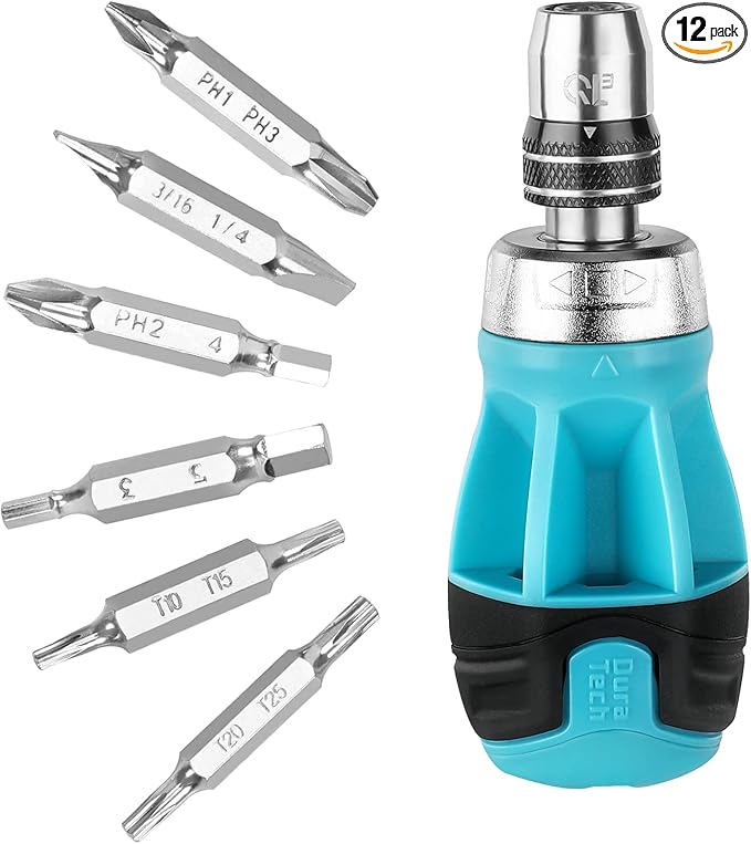 DURATECH Stubby Ratcheting Screwdriver, 12-in-1 Multibit Short Screw Drivers, Premium S2 Steel, Innovated Bits Quick-Load Mechanism, with Phillips, Slotted, Torx, Square Bits Stored in Handle