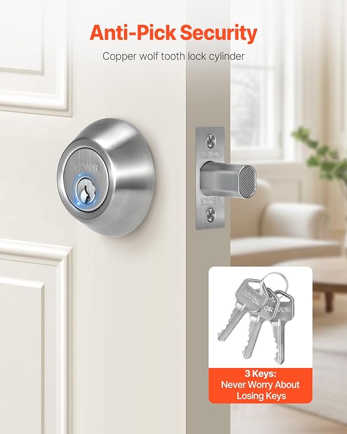 VEVOR Deadbolt Lock, Round Single Cylinder Dead Bolt, Keyed 1 Side, Fits Standard Size Interior and Exterior Doors, Full Metal, with 3 Keys, for Front Entry Door Residential Security, Satin Nickel