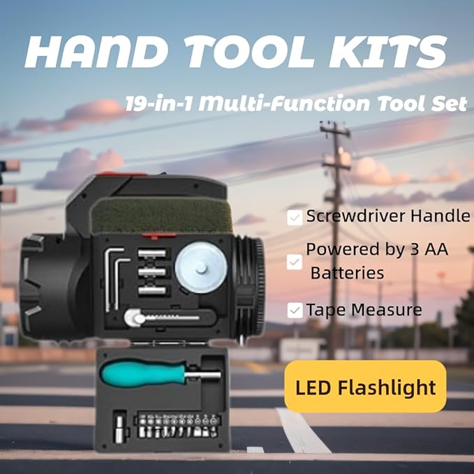HAUSBELL 19-in-1 Multi-Function Tool Set –Tools Set with LED Flashlight,Home Tool Kit with Tape Measure, Knife, Screwdriver Handle, Powered by 3 AA Batteries, Hand Tool Kits for Home, Camping&DIY
