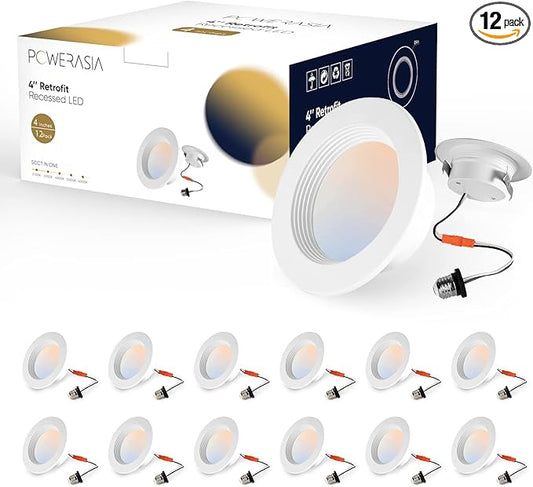 12 Pack 4 Inch LED Can Lights Retrofit Recessed Lighting, 5CCT 4 Inch Recessed Downlight Selectable 2700K-6000K Dimmable, 9W 630LM Recessed Lights with Metal Smooth Trim- ETL and Energy Star Certified