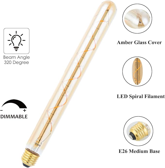 T300/T10 Long Tubular Light Bulb,40 Watt Equivalent E26 Base Amber Vintage Edison Bulb 4W Dimmable Tubular Antique Style Decorative LED Filament Light Bulb, 2700K Warm White,11.8 Inch, 2 Pack