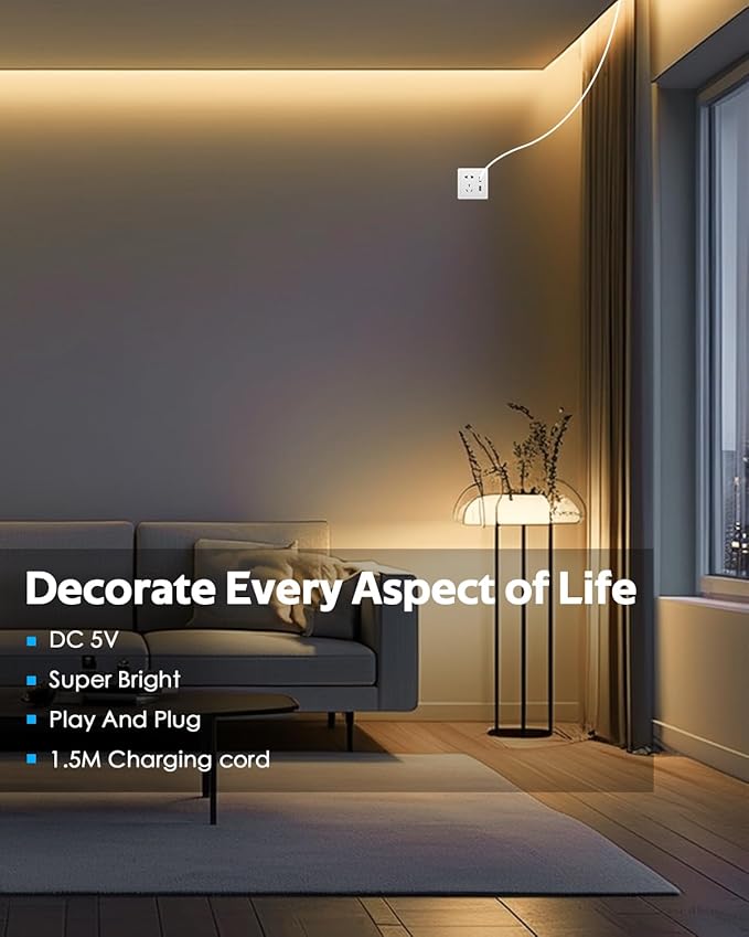 5V COB LED Strip Light for Bedroom 16.4FT USB LED Light Strip Warm White 3000K with Dimmer 320LEDs/M Flexible LED Tape Lights High Density Self -Adhesive for TV Mirror Cabinet DIY Indoor