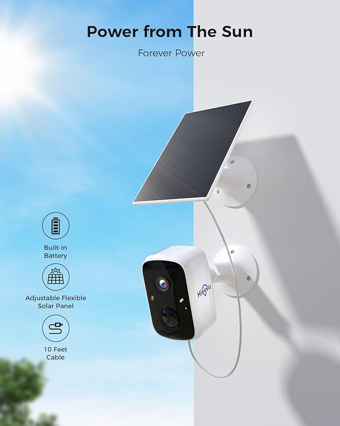 Hiseeu Solar Security Cameras Wireless Outdoor, 4 Cam-Kit, Expandable to 10CH, No Monthly Fee, Solar-Powered, Wireless Security Cameras System with 2K Color Night Vision, Easy Setup, 2.4G & 5G WiFi