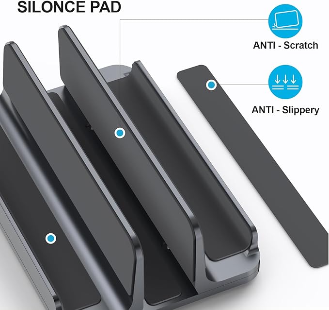 3-Slot Aluminum Vertical Laptop Stand for Desk - Adjustable Width Dock for MacBook, Surface, Samsung, HP, Dell up to 17.3 inches - Space-Saving & Protective Design - Gray