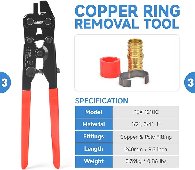 iCrimp IWS-1807CN PEX Crimping Tool Kit with PEX Crimpers, PEX Tubing Cutter, Copper Ring Removal Tool for 1/2’’ & 3/4’’ Copper Crimp Rings, Meets ASTM F1807 Standard