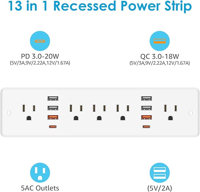 HHSOET 13 in 1 Recessed Power Strip Flat Plug, Fast Charging Desk Outlet with USB, Conference Recessed Power Outlet Socket with 5 AC Plugs, 6 USB Ports 2 USB-C, 10ft Power Cord.(White)